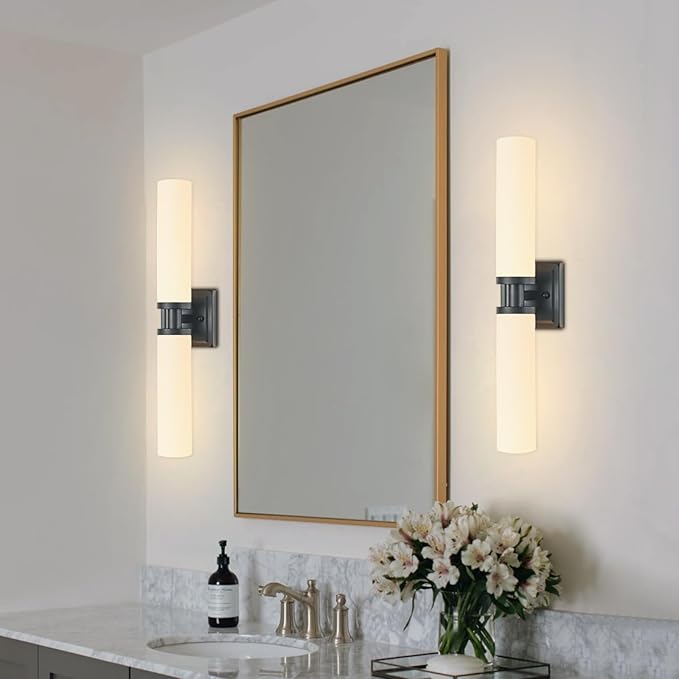 Black Wall Sconces Set of Two, Modern Bathroom Sconce with Frosted Glass, Hardwired Wall Light Fixtures for Bathroom Living Room Bedroom Hallway (Bulbs Not Included)