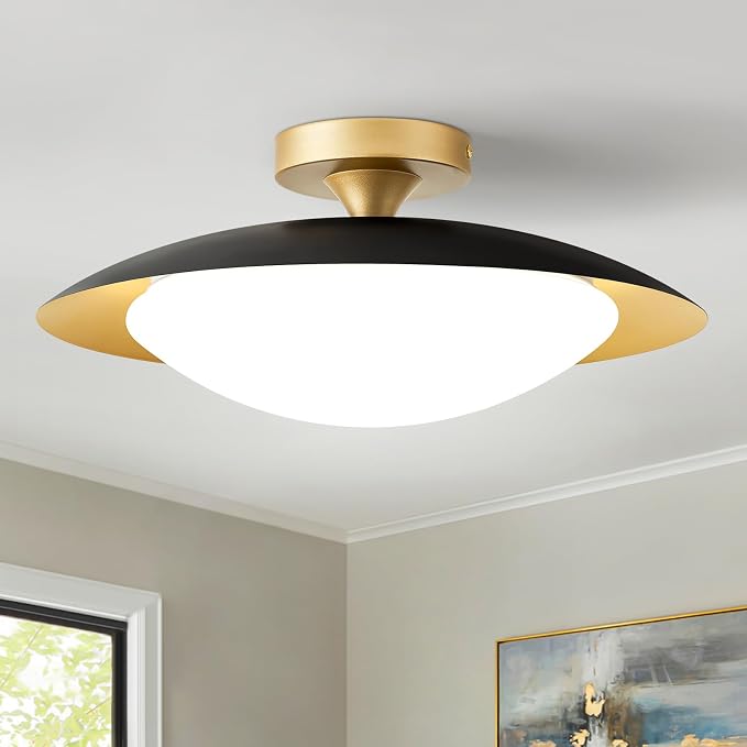 Dimmable Modern Mid-Century LED Ceiling Light, Black and Gold, 15.7 Inch | Semi Flush Mount Ceiling Light, 5CCT 2700K-6000K Lighting Fixtures with Glass Shade for Bedroom Kitchen Living Room