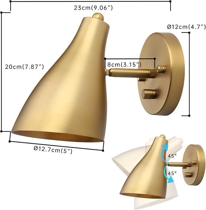 Adjustable Wall Sconce Lighting with Dimmer Switch | Vintage Wall Vanity Lighting Brass Finish, Hardwired Wall Light Lamp for Bedside Living Room