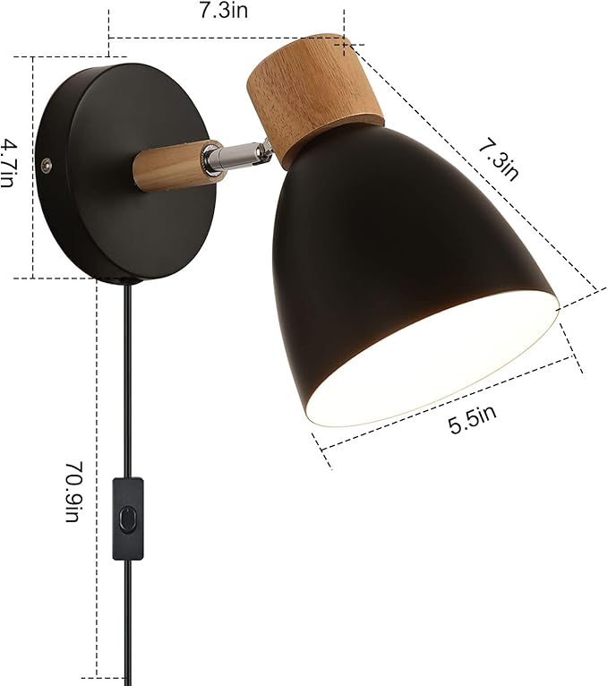 Wall Sconces Plug in, Swing Arm Wall Lamp with Power Cord, Black Plug in Wall Lighting Fixtures Set of Two, Bedside Wall Mounted Reading Lamp with Switch, for Bedside Bedroom Hallway
