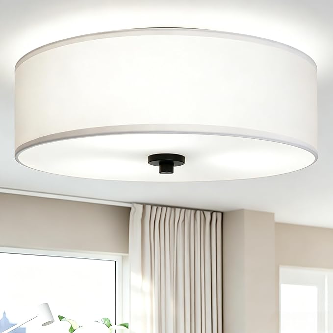 16" Semi Flush Mount Ceiling Light,E26 3-Light,White Drum,Modern | Close to Ceiling Light with White fabric shade,Great for Living Room,Dining Rooms,Bedroom,Kitchen, Bulbs NOT Included