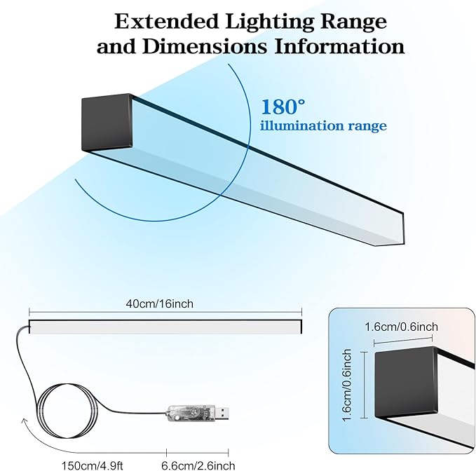 RGB LED Monitor Ambient Light Bar, 16 Inch USB Powered, APP Control & Music Sync, 16 Million Colors Dimmable, Gaming/Desk Display Backlight