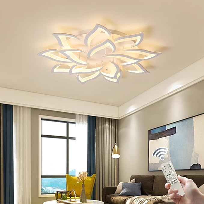 Garwarm 36" Modern LED Low-Profile Flush Mount Ceiling Light, Dimmable | White Acrylic 14-Petal Flower Ceiling Light with Remote, 3000K-6500K, Memory for Large Living Room, Bedroom and Dining Room