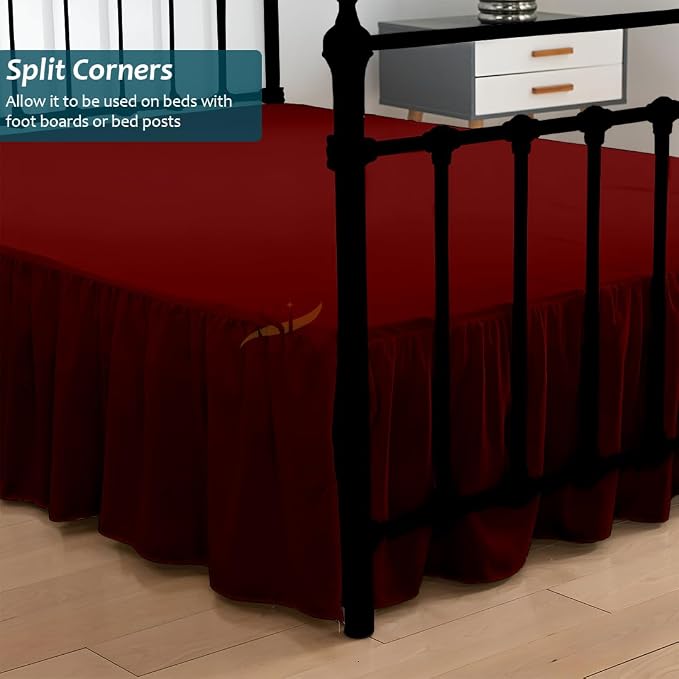 Shreem Linen Ruffled Bed Skirt with Split Corners, Gathered Style, 100% Microfiber, 16-Inch Drop, Dust Ruffle Bedskirt with Platform, Twin, Burgundy