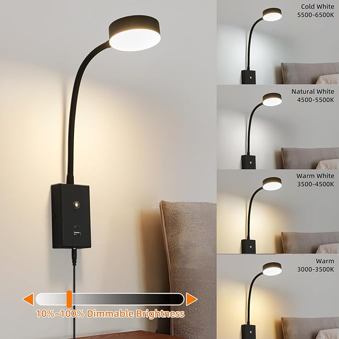 LED Wall Mounted Reading Light for Bed 2Pack, Flexible Gooseneck Book Light for Wall Bedside Lamp with USB-A/C Output,Touch Control 5 Dimmable Headboard Bed Lights