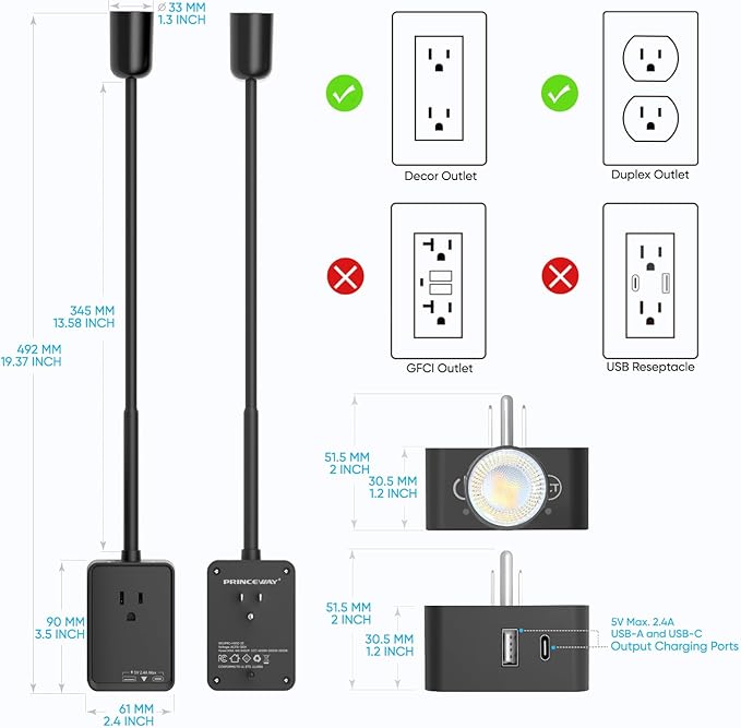 Plug in LED Wall Mounted Reading Light, Black Flexible Wall Sconce Spot Light with Power Plug Extension Outlet for Bedroom Kitchen, 3 Lighting Colors, with USB Output Charging Ports