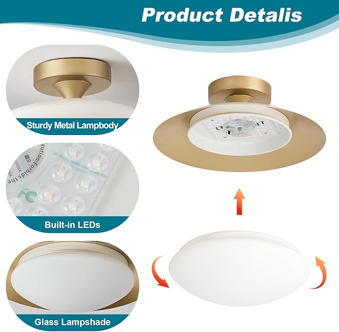 YURNYQ Dimmable Modern LED White and Gold Ceiling Light Fixture 11.81 in | Glass Shade Kitchen Semi Flush Mount Ceiling Light Fixture,5CCT In One Light Fxiture for Hallway Bedroom Laundry Room Foyer
