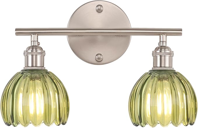 Bathroom Light Fixtures, 2-Light Vanity wall Light Over Mirror with Green Tulip Glass Shade for Bedroom Living Room (Bulb Not Included), Satin Nickel