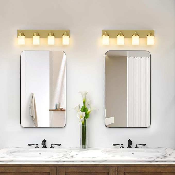 IZORRO Bathroom Vanity Light Fixture, 4-Light 30 Inch Gold Bathroom Light Fixtures Over Mirror, with White Glass Shade, Modern Farmhouse Vanity Lights, Rustic Restroom Lighting Fixtures