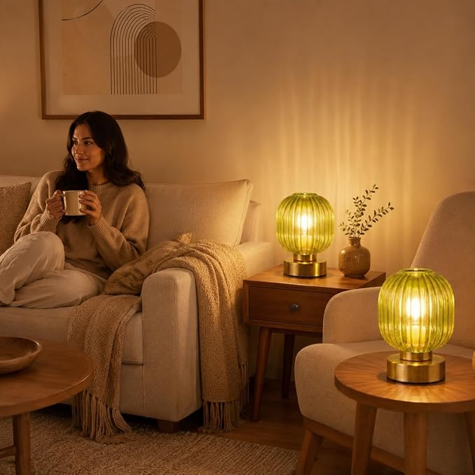 Elenhome Green Touch Glass Table Lamp Set of 2, 3-Way Dimmable Bedside Lamps, Vintage Mid-Century Modern Nightstand Lamps for Bedroom and Living Room, Ambient Mood Lighting, LED Bulb Included