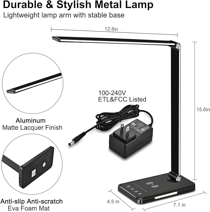 AFROG 8-in-1 LED Desk Lamp with 10W Fast Wireless Charger,USB Charging Port,Desk Lamps for Home Office,5 Color Mode 7 Brightness Desk Light Night Light,40Min Timer, Reading Table Lamp for Bedroom