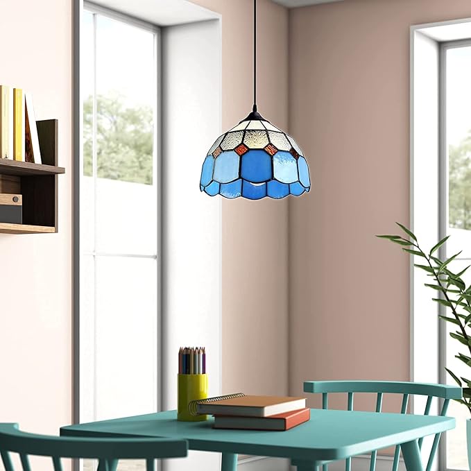 Tiffany Style Plug in Pendant Light Mini Chandelier with 16.4 Ft Hanging Cord and in Line On/Off Dimmer Switch, Vintage Swag Ceiling Lamp for Dining Room, Bedroom or Porch (7.9" in Width)