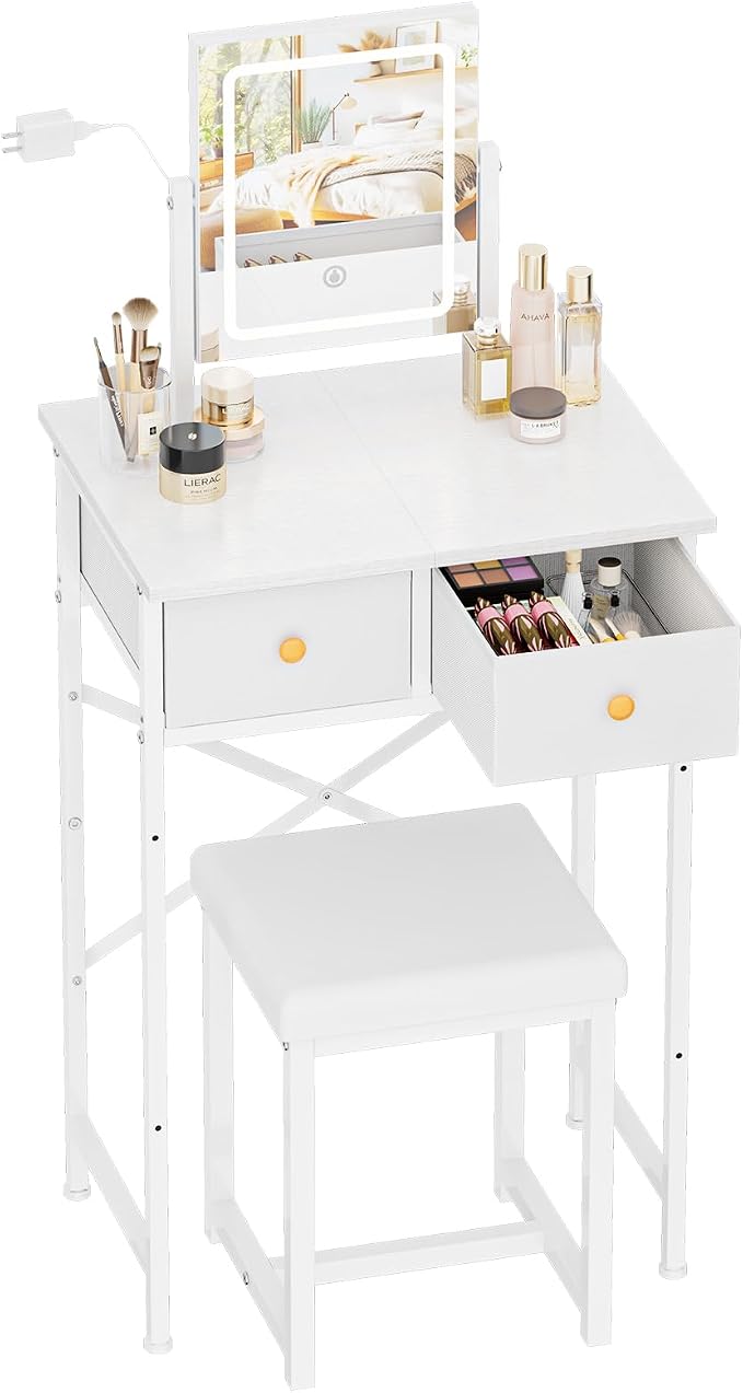 19.7"W Small White Makeup Vanity Desk with Mirror and Light, Chair | Mini Vanity Set Table with Stool, Smart Adjustable Lighted Mirror for Kids, Girls, Bedroom, Corner, Small Space