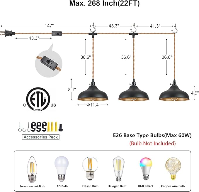 3 Light Plug in Pendant Lights Dome Hanging Lamp with Switch 22 Ft Long Hemp Rope Farmhouse Pndant Light Cord Lighting Fixture DIY Hanging Light