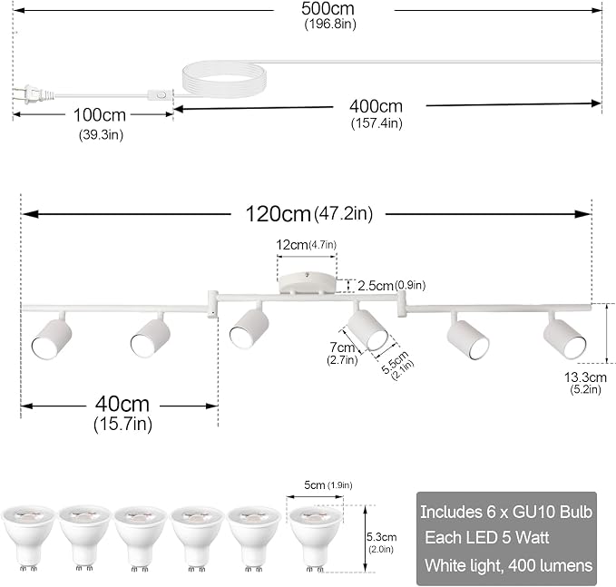 Plug in Track Lighting Kit, 120cm LED 6 Light Kitchen Track Lighting, Corded Wall Light with 16.4ft Cord, 6 Way Ceiling Spot Lighting Flexibly Rotatable Head Includes 6 x GU10 Bulb (6-White-120cm)