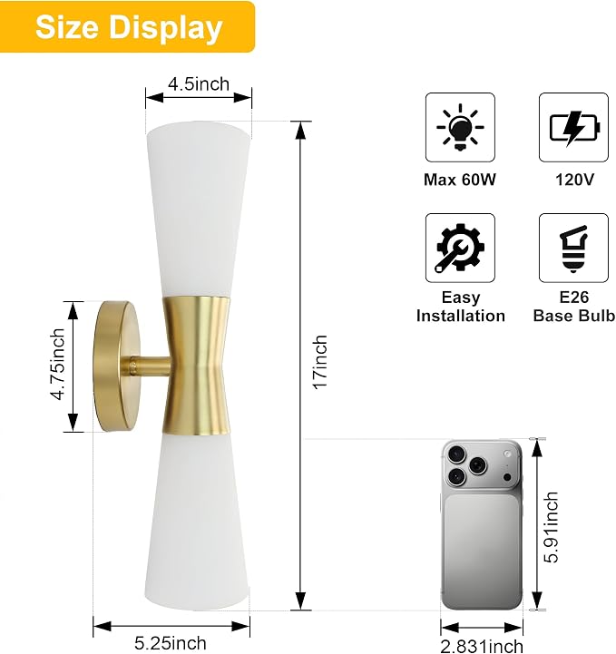 Bathroom Wall Sconce, Modern Indoor Vanity Light Fixtures 17", Up Down Lighting, Wall Mount Lamp for Living Room Bedroom Hallway Stairway Fireplace Mirror E26 Base 1PC White&Gold