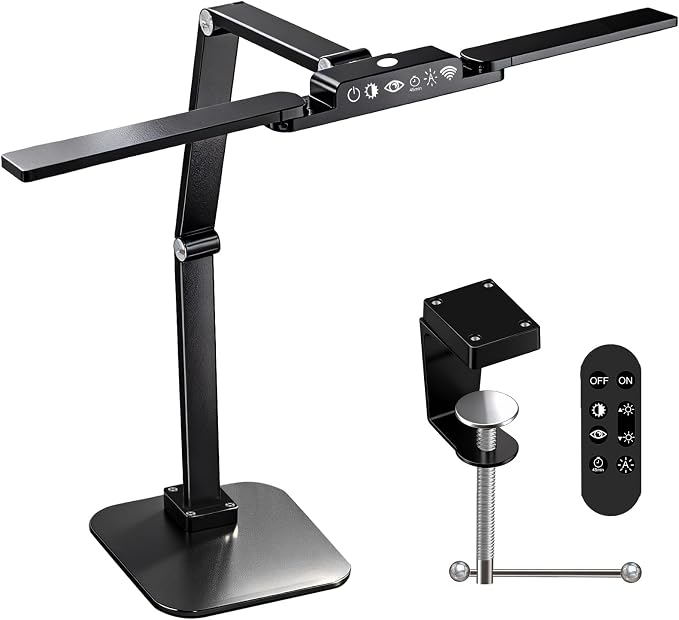 24W LED Desk Lamp with 2-in-1 Weighted Base & Clamp, 26.8" Dual Monitor Light Bar, Remote, Eye-Caring Red Light Beads, Stepless Dimming, Adjustable Architect Swing Arm for Home Office, Black | Weighted base option, remote control, eye-caring red beads,...