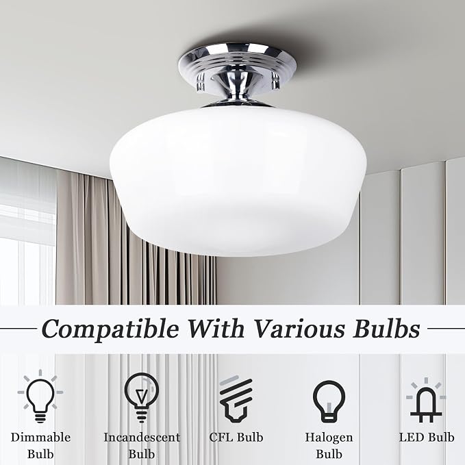 Schoolhouse Style Semi Flush Mount Ceiling Light Fixture, 12" Modern Chrome Hallway Ceiling Lamp with Opal Milk Glass Shade, Farmhouse Globe Light for Bedroom Kitchen Hallway Entryway Laundry