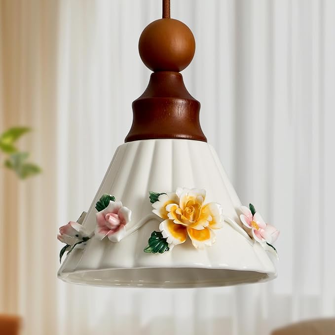 Vintage Ceramic Pendant Light, 6.7in Floral Porcelain Hanging Lamp with wooden Fitting, Mid Century Modern Small Hanging Lighting for Kitchen Island, Bedroom, Girl's Room, Cafe, Nursery, Entrance