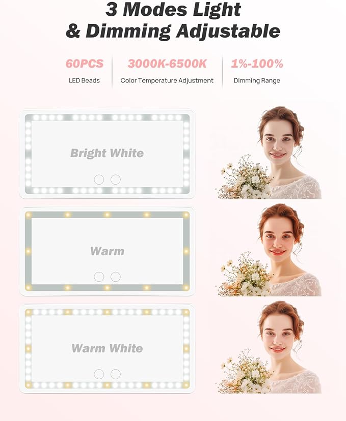 JOYTUTUS Car Sun Visor Vanity Mirror, Car Vanity Mirror With Lights, Makeup Mirror with 3 Light Modes & 60 LEDs, Rechargeable Car Mirror Dimmable Touch Control Travel Makeup Mirror for Car Truck SUV