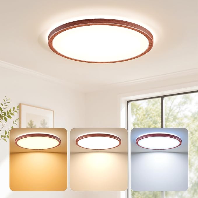 LED Flush Mount Ceiling Light, 12 Inch 24W 3000K/4000K/5000K Hardwire Light Fixture, Ultra Thin Round White Lamp for Kitchen Porch Bedroom Hallway Stairwell Basement- Walnut