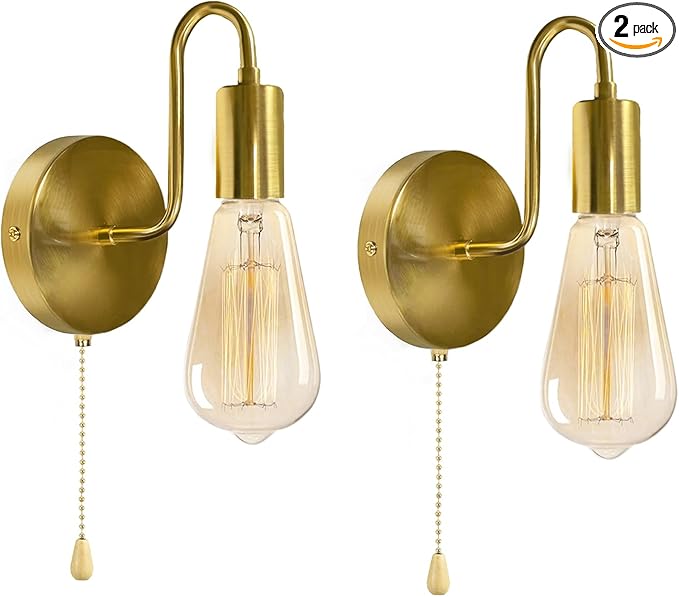 Hardwired Wall Sconce with Pull Chain Set of 2 Gold Metal Light Fixture with On Off Switch E26 Vintage Indoor Wall Lighting for Mirror Hallway Bedroom, No Bulb