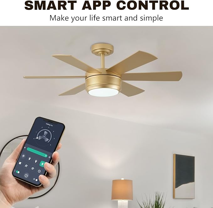 SHOWDI Ceiling Fan with Lights and Remote, 6 Blade App Control Timer Reversible Stepless Brightness and Color Temperature Outdoor Wood Ceiling Fan with Lights (Gold, 42 Inch)