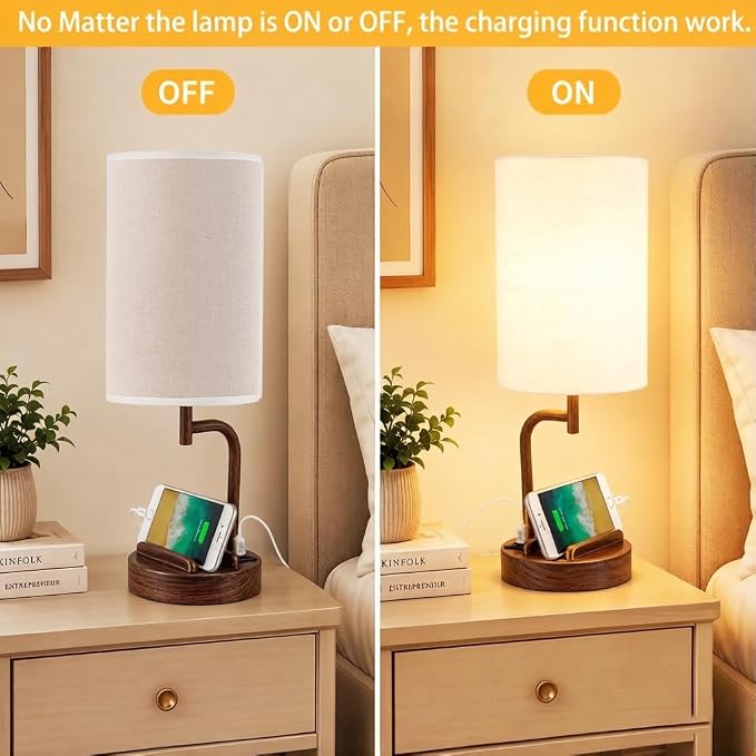 Dreamholder Touch Control USB Table Lamp with USB C/A & AC Outlet, 3-Way Dimmable Bedside Lamp, Modern Nightstand Lamps for Bedroom Living Room Guest Room Office, Bulb Included, Walnut
