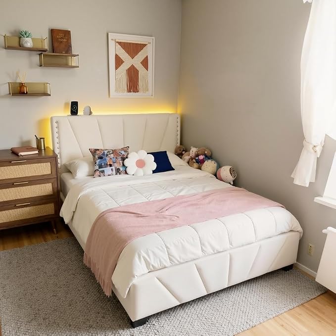 EnHomee Twin Bed Frame with LED Lights & USB, Noise-Free, Beige | Adjustable Velvet Headboard，Under-Bed Storage，Heavy Duty Support with 12 Slats，No Box Spring Needed，Easy Assembly for Bedroom