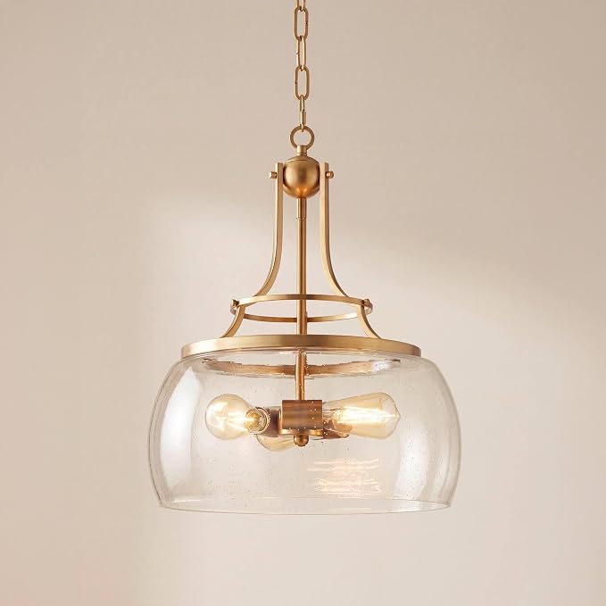 Charleston 16" Wide Warm Gold 3-Light LED Luxe Pendant Light Light Fixture | Brass Chandelier Modern Dimmable Clear Seedy Glass for Dining Room Living House Home Foyer Kitchen Island Entryway Bedroom