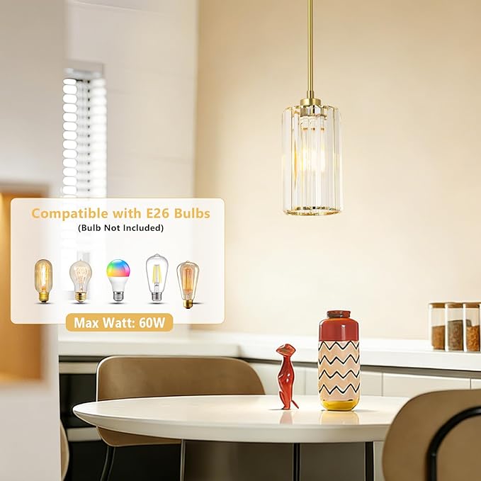 3 Pack Gold Pendant Lights Kitchen Island, Modern Pendant Lighting with Clear Crystal Shade, Vintage Brass Chandelier Light Fixtures Ceiling Hanging for Dining Room Bedroom Foyer Hallway