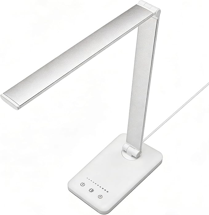 LED Desk Lamp with USB Charging Port, 5 Color Modes, 10 Dimmable Brightness Levels, Eye-Caring Reading Light, Touch Control & 30/60 min Auto Timer, Silver