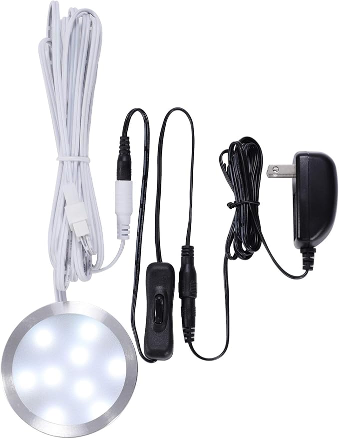 AIBOO 12V LED Under Cabinet Puck Lights Plug in, with Manual Switch, Single Puck LED Light for Closet,Counter,Showcase,12Vdc Low Voltage Wall Plug (Daylight White)