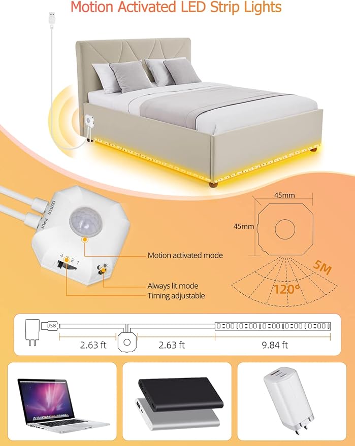 Daymeet Motion Sensor LED Strip Lights, 9.8ft Under Bed Lights Motion Activated LED Bedside Lamp Illumination with Automatic Shut Off Timer Indoor Night Light Closet Lights (Warm White) NO APP