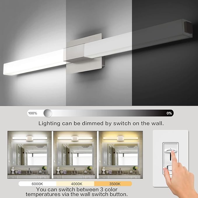 ZUZITO 40in LED Vanity Lights Brushed Nickel Modern Bathroom Lighting Fixtures Over Mirror, 3CCT Dimmable Bath Wall Lighting 3000K/4500K/6000K Adjustable