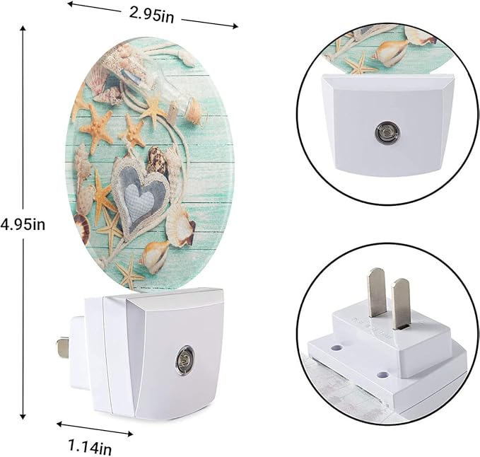EKOBLA Beach Night Lights Plug into Wall Seashell Starfish on Wooden Board Coastal Led Dusk to Dawn Plug-in Nightlights Auto Sensor for Home Indoor Bathroom Hallway Kitchen
