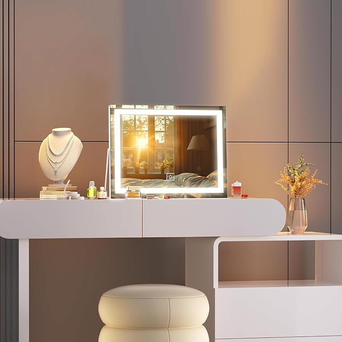 14 Inch LED Vanity Makeup Mirror with Lights, Large Metal Frame Lighted Tabletop Mirror with 3 Color Dimmable Touch Control, 360° Rotation for Bathroom Bedroom