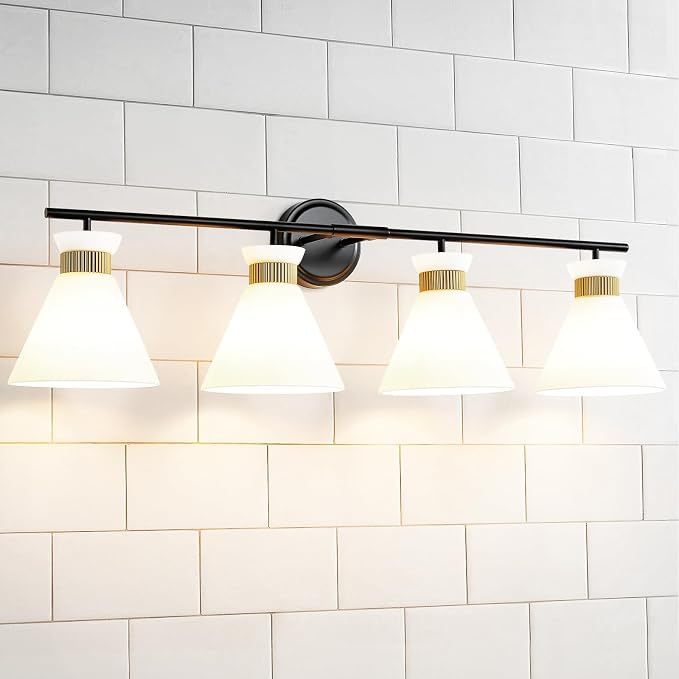 WOSHITU Bathroom Vanity Light Fixtures: 4-Light Mid Century Modern Vanity Lights for Bathroom Over Mirror, Black and Gold Wall Sconce Lighting with Frosted Milky Glass for Bath Bedroom
