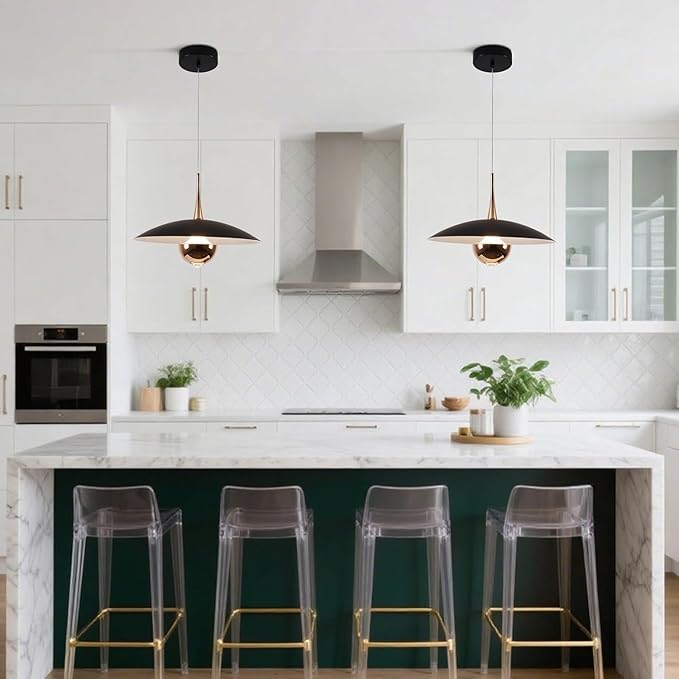KCO Lighting Modern Black Metal Pendant Lamp Brass Gold Kitchen Island Pendant Light Industrial Matt Black Barn Pedant Lighting Adjustable Retro Vintage Farmhouse Hanging Dining Lights Fixture