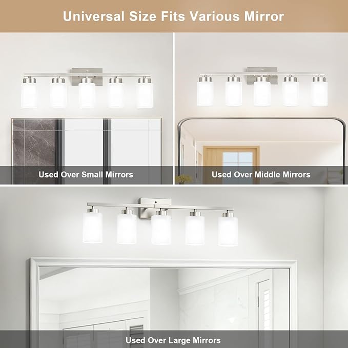IZORRO Modern Bathroom Light Fixtures, 5 Light Brushed Nickel Vanity Lights, Bathroom Lighting Fixtures Over Mirror with White Glass for Living Room Cabinet Bedroom