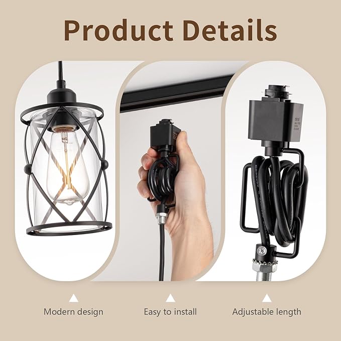 mirrea H-Type Black Track Lighting Pendant with Dotted Cage Clear Glass, Adjustable Hanging Light, E26 Socket, Pack of 3