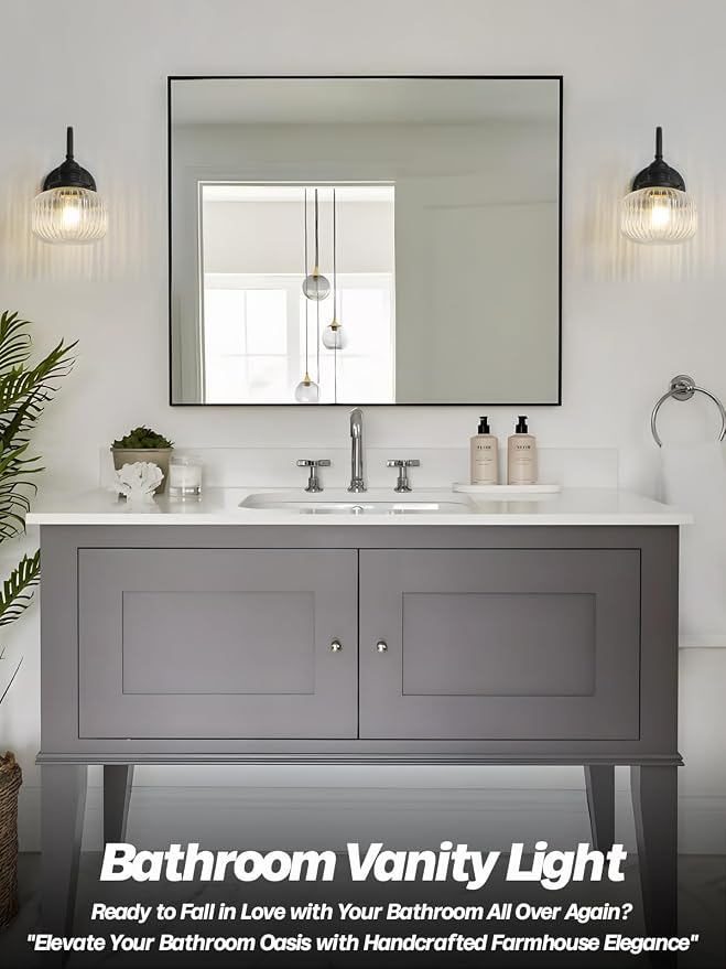 Black Wall Sconce Farmhouse Bathroom Vanity Light,Clear Glass | Bathroom Light Fixtures,Hardwired Indoor,Hand-Blown Thick Glass,for Bathroom Mirror Kitchen,E26 Socket