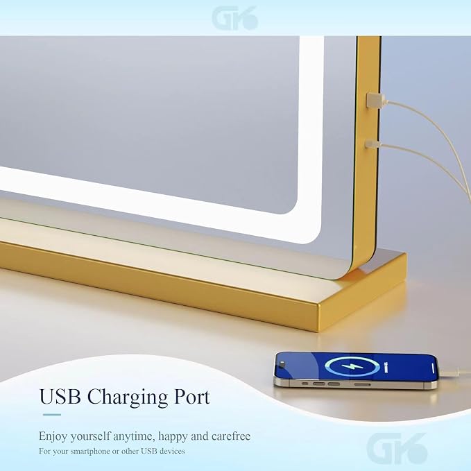 Gvnkvn Makeup Vanity Mirror with USB Charging Port 19" L x 24" W LED Makeup Mirror, Desk Mirorr with Lights, Light up Mirror with 10X Magnification and, Dimmable 3 Modes, Touch Control Gold