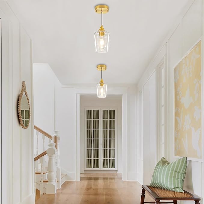 2 Pack Brushed Gold Pendant Lights Kitchen Island, Glass Pendant Lighting Over Island Modern Kitchen Hanging Light Fixtures Adjustable Pendant Lights for Dining Room Bathroom Bedroom Hallway Foyer