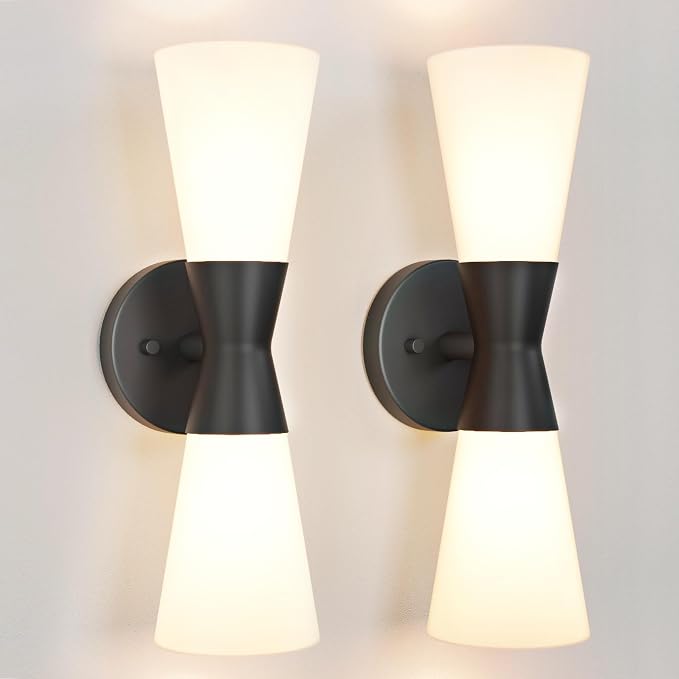 Wall Sconces Set of 2 for Bathroom, Modern Indoor Vanity Light Fixtures 15", Up Down Lighting, Wall Mount Lamp for Living Room Bedroom Hallway Stairway Fireplace Mirror E26 Base 2PC White&Black