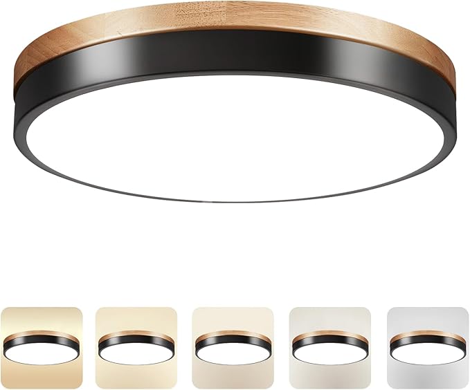 15.8 inch Wood LED Flush Mount Ceiling Light Fixture,42W 4200LM,3000K/3500K/4000K/5000K/6000K CCT Selectable,Close to Ceiling Dimmable Round Flat Panel Light for Bedroom,Hallway,Kitchen,Black