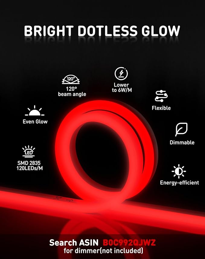 Shine Decor LED Rope Lights AC 120V, Connectable & Cuttable Dotless 120LEDs/M Eco Neon Strip Lighting, ETL IP65 Waterproof & Weather-Resistant for Home Commercial, 8x16mm, Red, 98.4FT