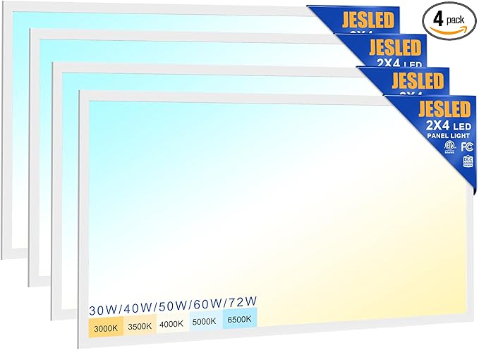 JESLED 4Pack 2x4 led Flat Panel Light, 10800LM, Drop Ceiling Lights Fixture for Office Shop Garage Basement Laundry, 30W/40W/50W/60W/72W Selectable, 5CCT Switchable, 0-10V Dimmable, DLC ETL Listed