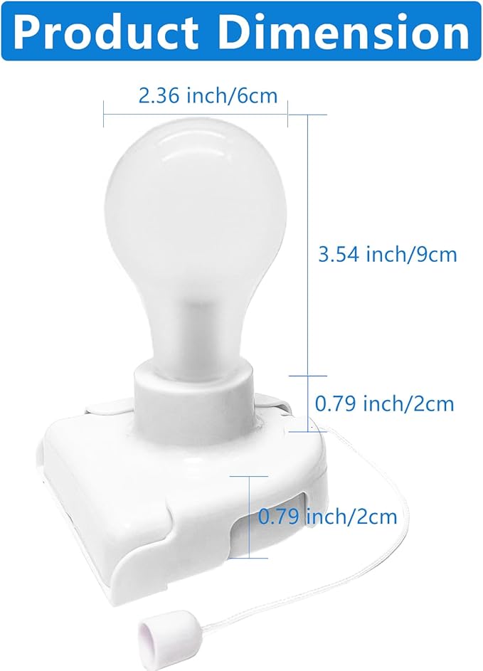 2 Pack Battery Operated Light Bulb, Stick-Up Battery Powered Wireless LED Closet Light Bulb, Self Adhesive Wall Light Fixture with Pull Chain for Cabinet Bedroom Kitchen, 3000K Warm White