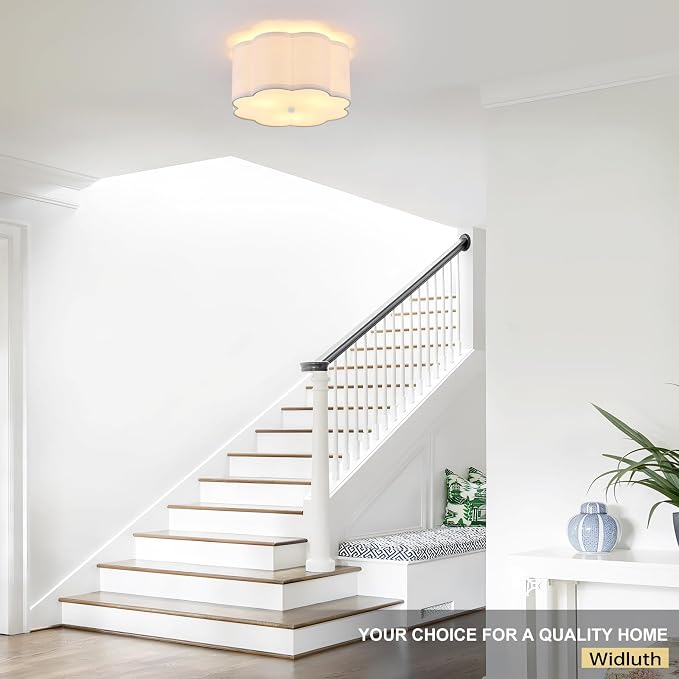 13" Modern White Semi Flush Mount Ceiling Light Fixture, 3-Light | White Linen Petal Shade, Modern Style For Bedroom, Hallway And Kitchen; Close-To-Ceiling, E26, Dimmable, Easy Install